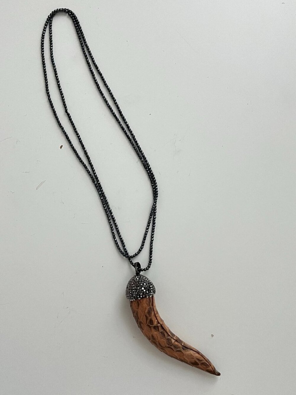 Boutique Boho Horn Pendant Necklace Pave Rhinestone Dark Beaded Chain Statement